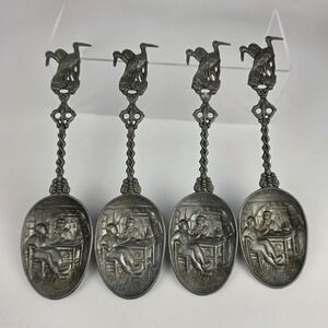 Antique Dutch Pewter Souvenir Spoons Set of 4 Volendam Holland Stork Tavern Scen